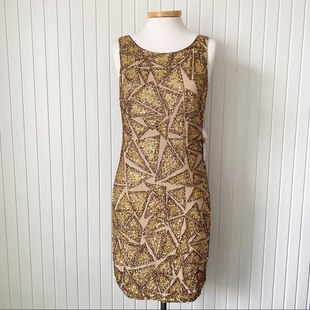 NWT Alice + Olivia Henlin Sequin Tank Dress Gold Beaded Sheath Size 10